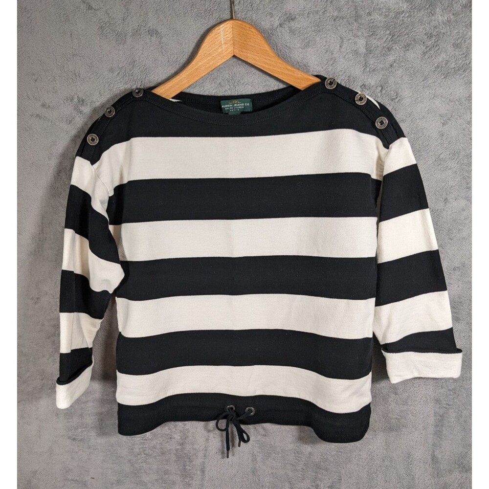 LRL Lauren Jeans Co Top Coastal Striped Boat Neck Shirt Size PM Blue White Tie